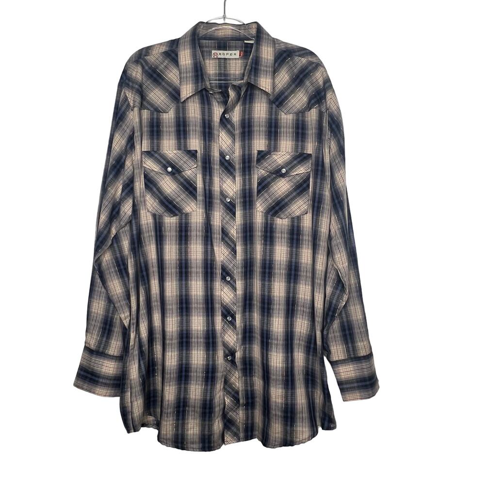 ROPER Pearl Snap Long Sleeve Western Shirt Button Up Check Beige Blue Size 2XLT